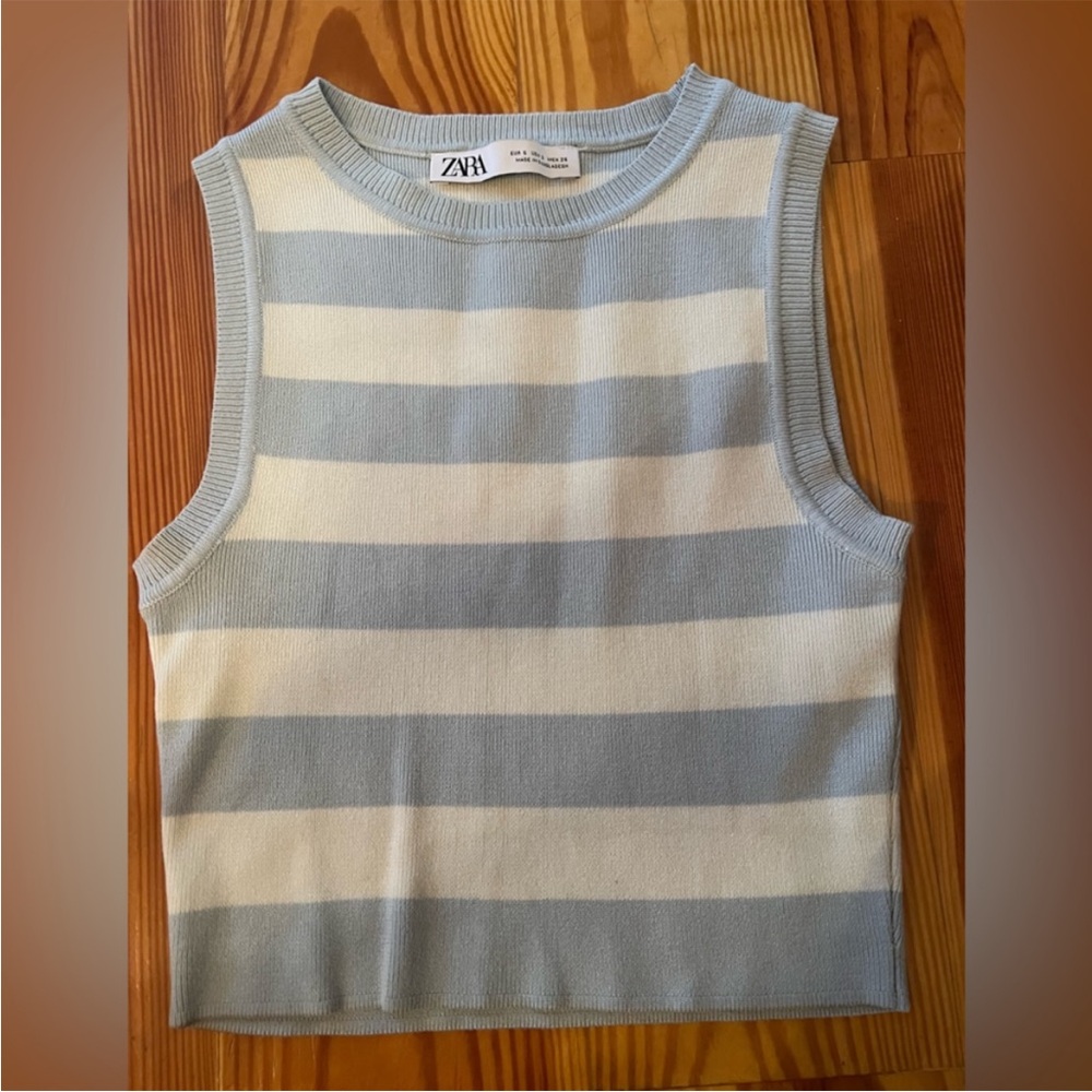 Zara Sleeveless Top in Light Blue and Cream Stripes